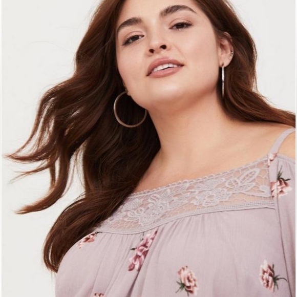 Torrid Cold Shoulder Top Light Purple Floral Plus Size 1 Gauze Lace Embroidered - Picture 13 of 13